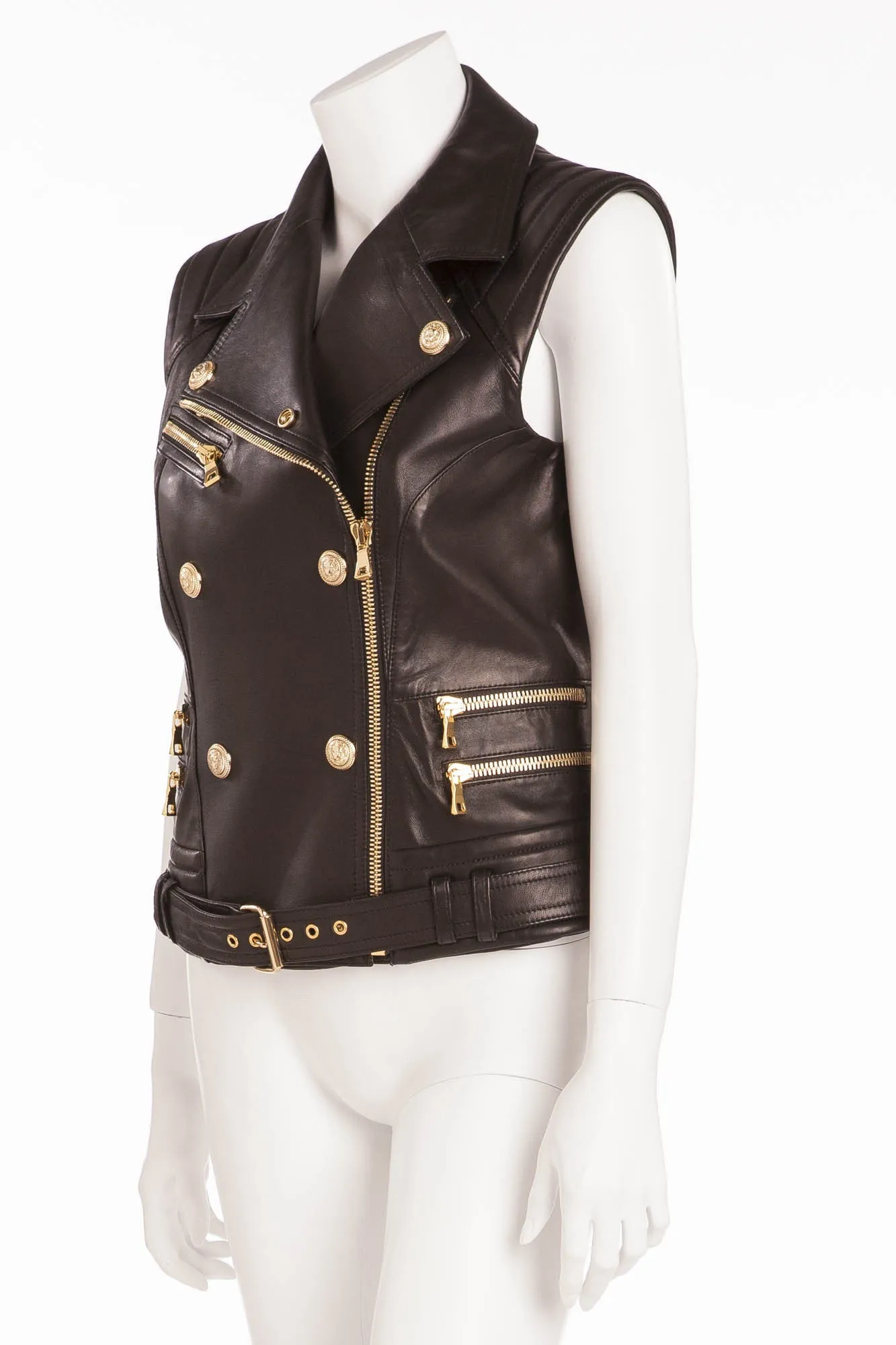 Balmain - Black Leather Vest Gold Zippers and Buttons - FR 40