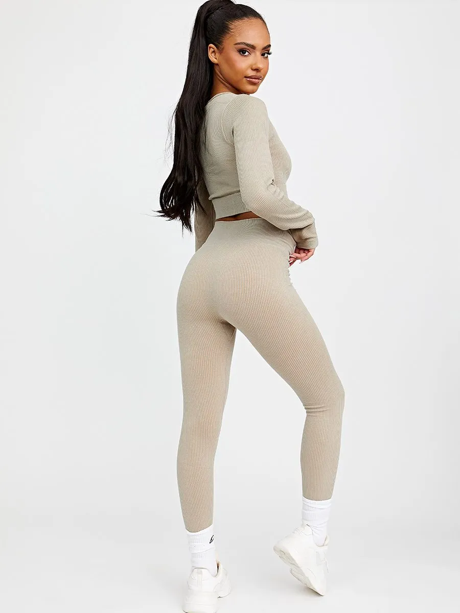 Daya Patricia Long Sleeves Ribbed Crop Top & Leggings Co-ord In Stone