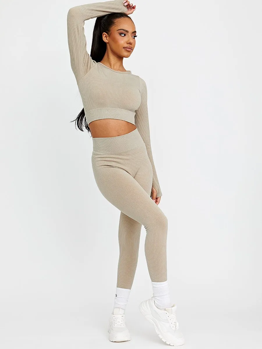 Daya Patricia Long Sleeves Ribbed Crop Top & Leggings Co-ord In Stone