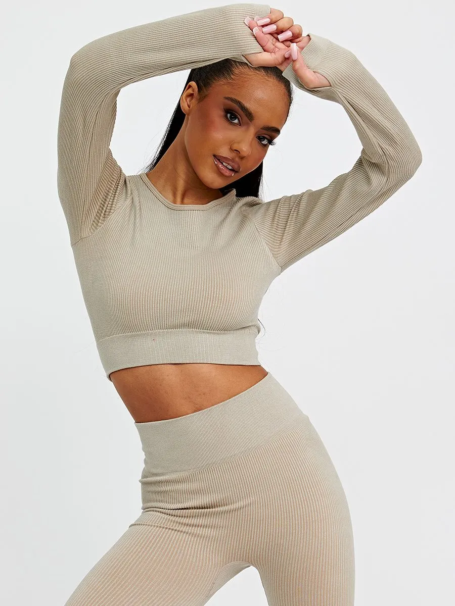 Daya Patricia Long Sleeves Ribbed Crop Top & Leggings Co-ord In Stone