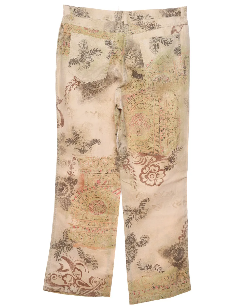 Light Brown & Pink 1990s Patterned Trousers - W32 L28