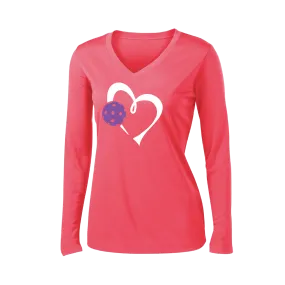 Love Pickleball Heart (Purple) | Women's Long Sleeve V-Neck Pickleball Shirts | 100% Polyester