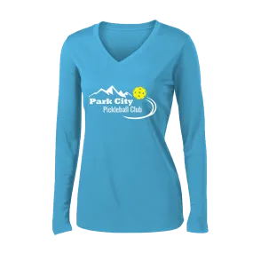 Park City Pickleball Club (White) | Women's Long Sleeve V-Neck Pickleball Shirts | 100% Polyester