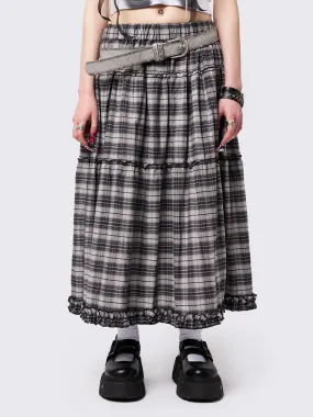 Tiana Checkered Ruffled Maxi Skirt could be optimized as Elegant Tiana Womens Checkered Maxi Skirt with Ruffled Detail.